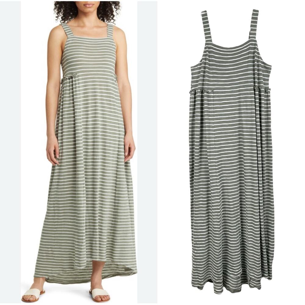 Caslon Green White Striped Cotton Blend Maxi Dress Size XS Casual Tank Dress